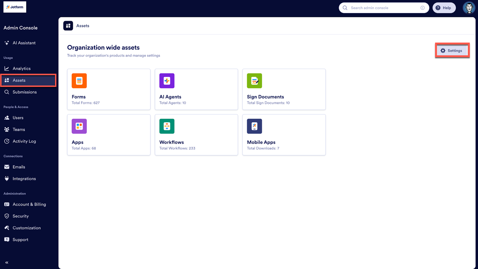 Clicking on the Assets tab on the Admin Console and then clicking on the Settings menu