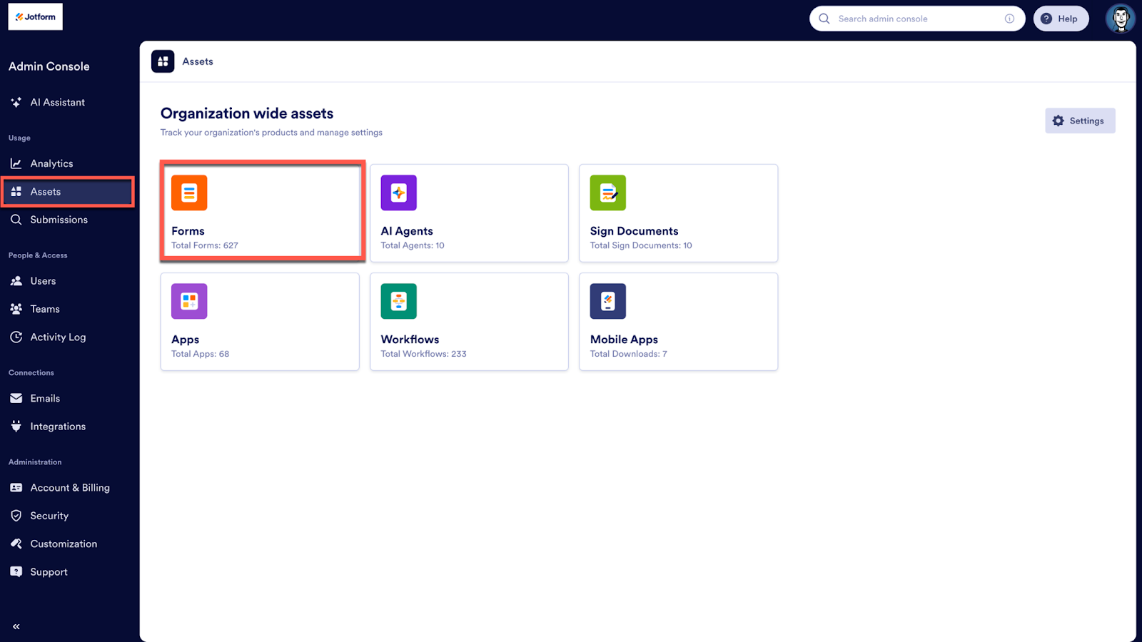 Clicking on the Assets tab and selecting the Forms option