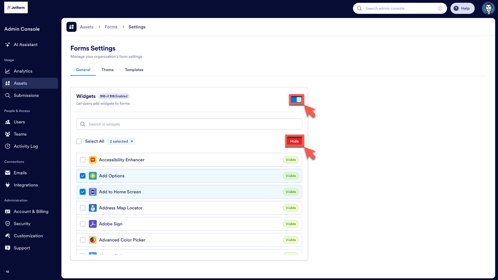 Toggling on the widgets option and clicking on the Hide button