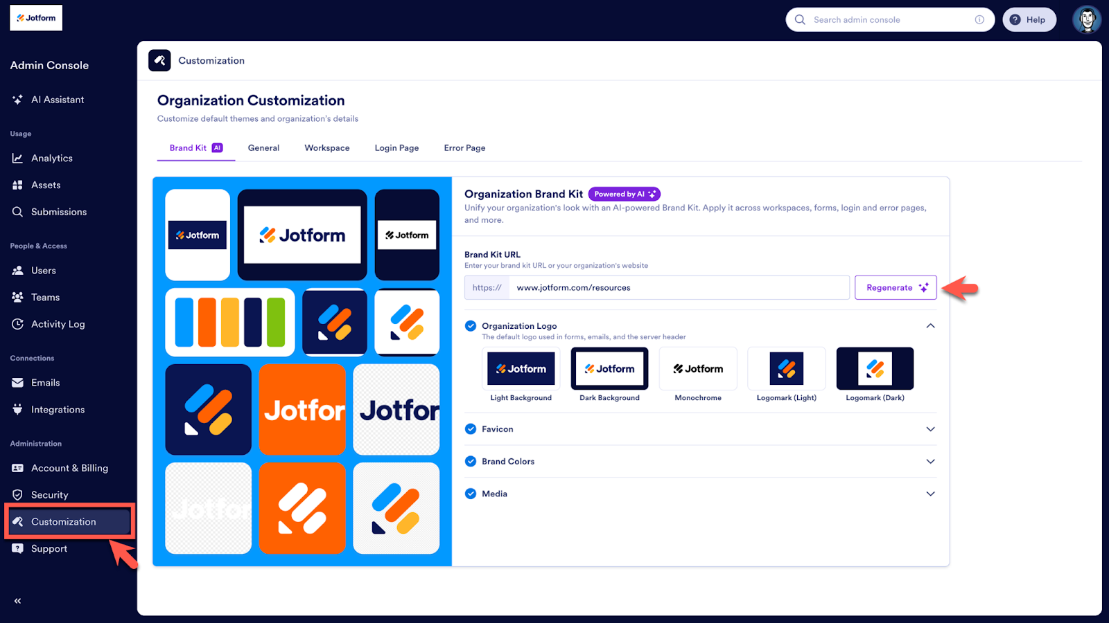Clicking on the Customization option under the Administration options