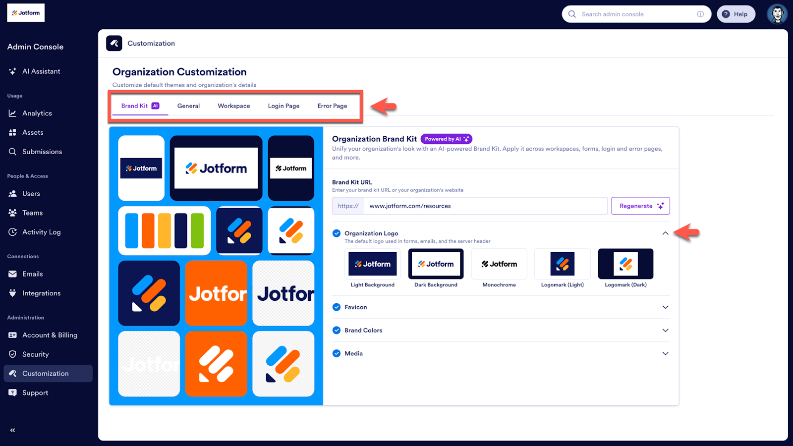 Highlighting the menu options under the Organization Customization page