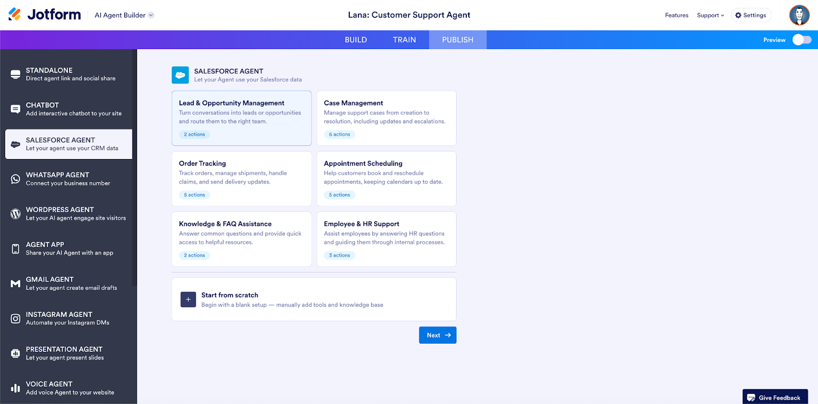 Viewing the Salesforce Agent use cases on the Jotform AI Agent Builder