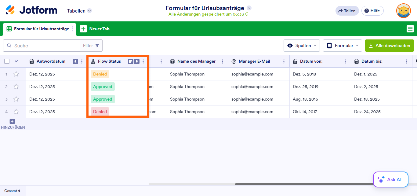 Wie Sie den Genehmigungsprozess in Jotform Tabellen verfolgen können Image-1
