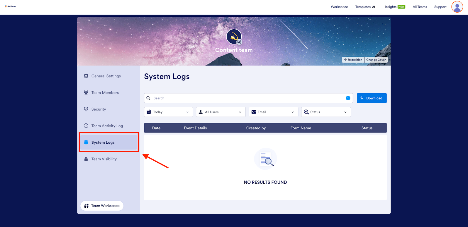 Screenshot of Jotform Enterprise Team page with the System Logs option highlighted