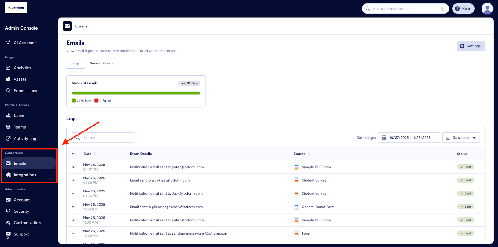 Screenshot of Jotform Enterprise Admin Console indicating Emails and Integrations activity logs in left panel