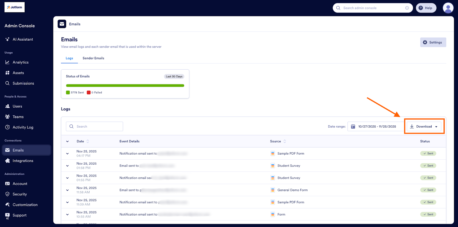Screenshot of Jotform Enterprise Admin Console indicating Download option for Emails activity log