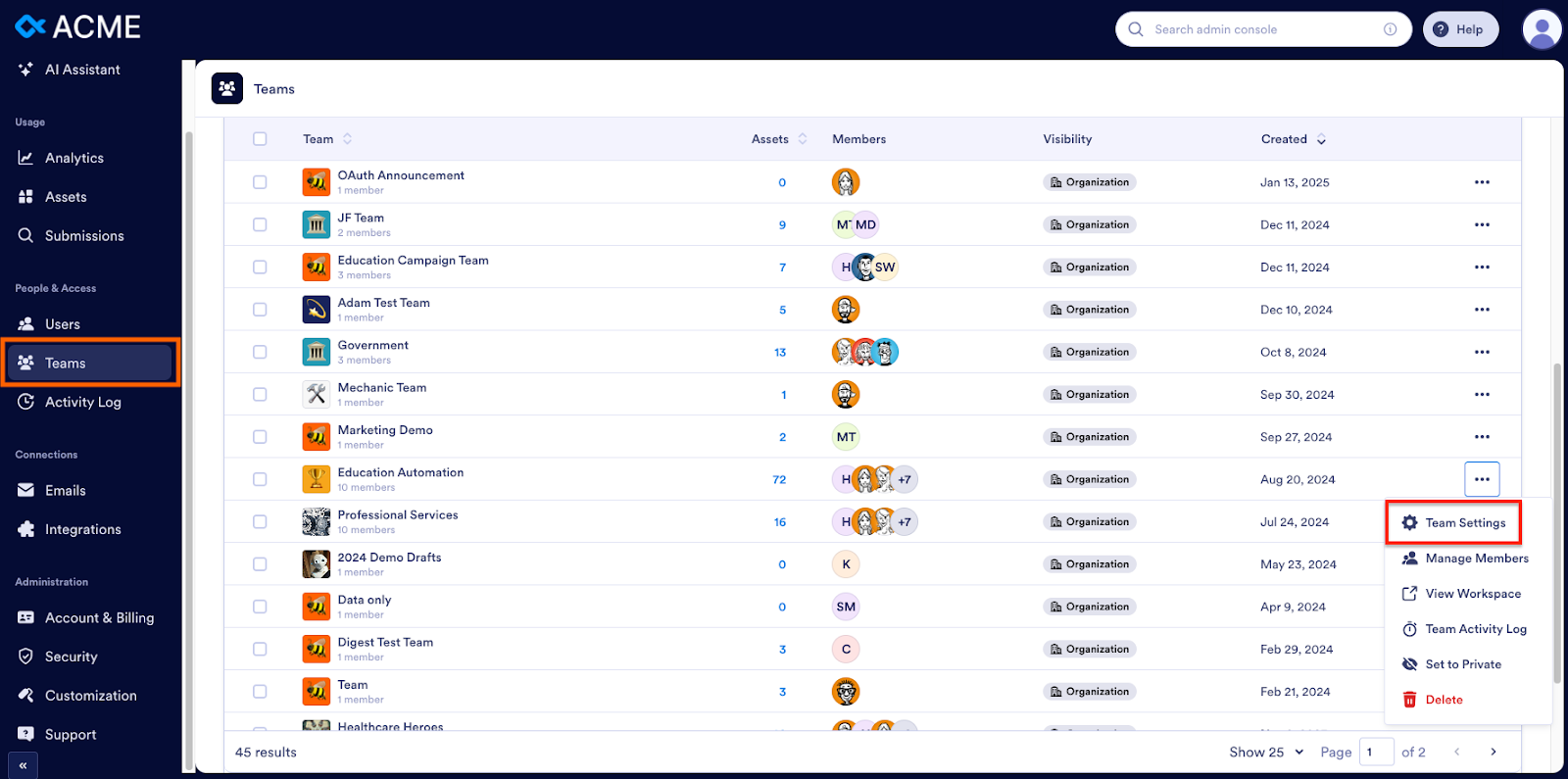 Clicking on the Teams tab on the Admin Console and then selecting Team Settings form the dropdown