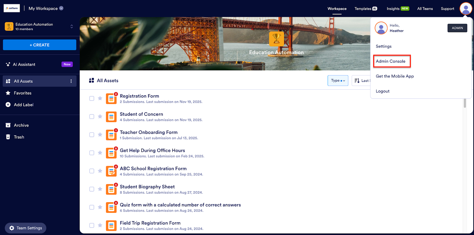 Clicking on the Admin Console option under the Settings dropdown