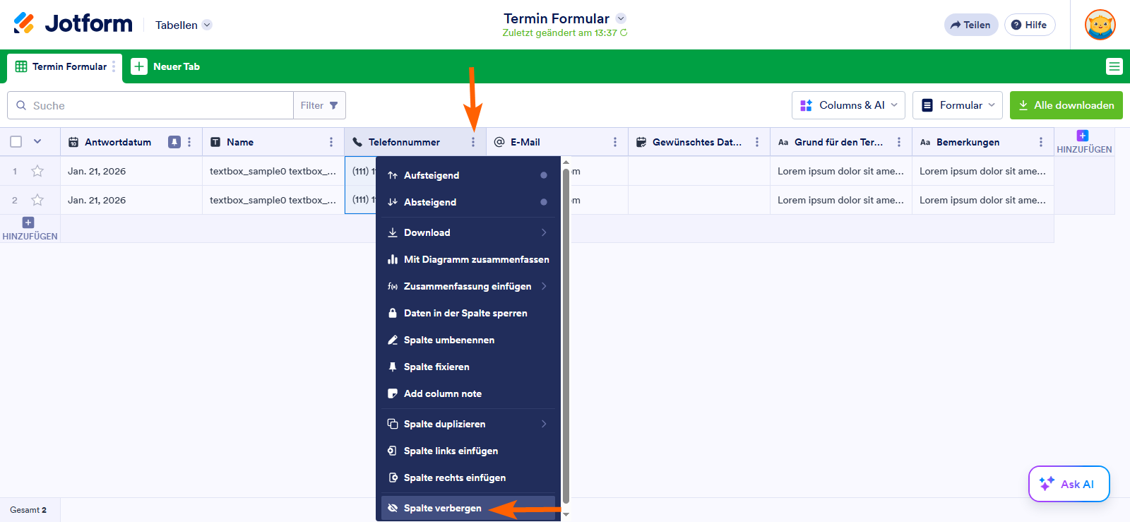 Wie Sie Spalten in Jotform Tabellen ein- und ausblenden Image-4