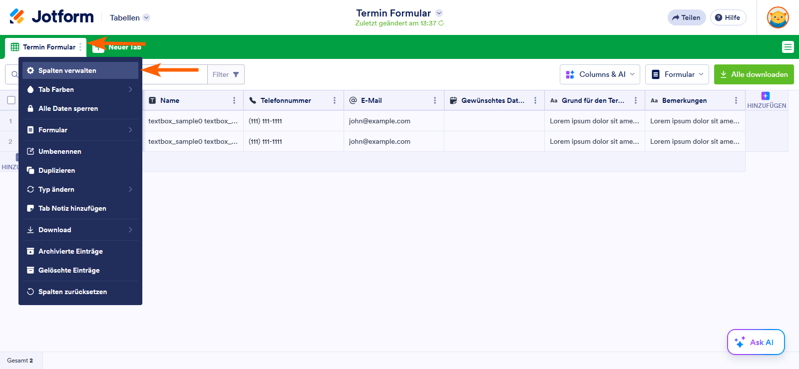 Wie Sie Spalten in Jotform Tabellen ein- und ausblenden Image-2