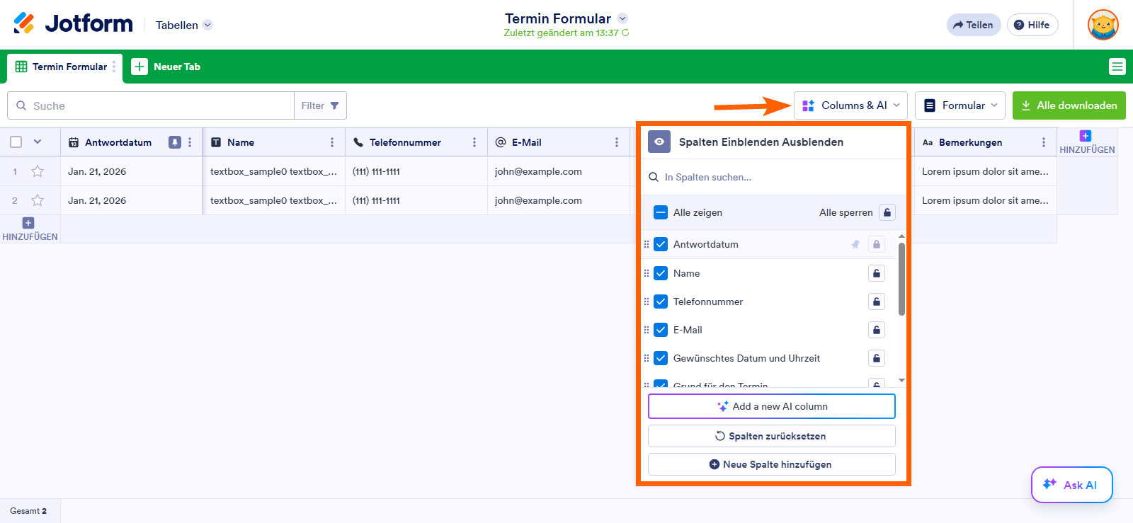 Wie Sie Spalten in Jotform Tabellen ein- und ausblenden Image-1