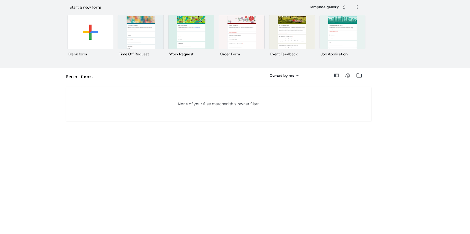 Google Forms homepage showing options to start a blank form or choose from suggested templates