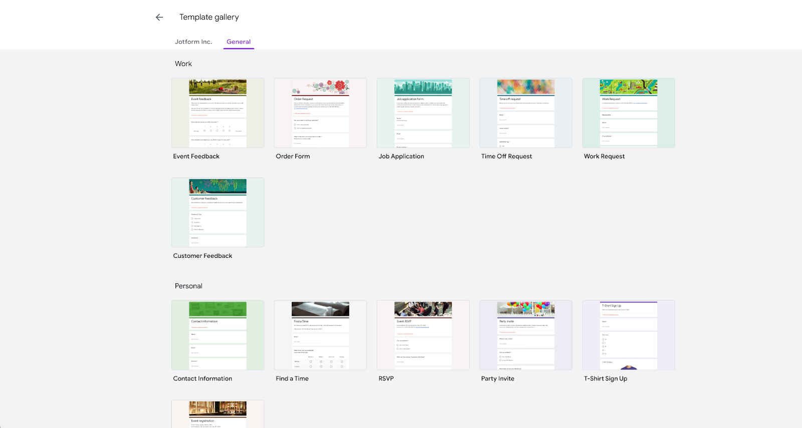 Google Forms template gallery showing form templates for work and personal use