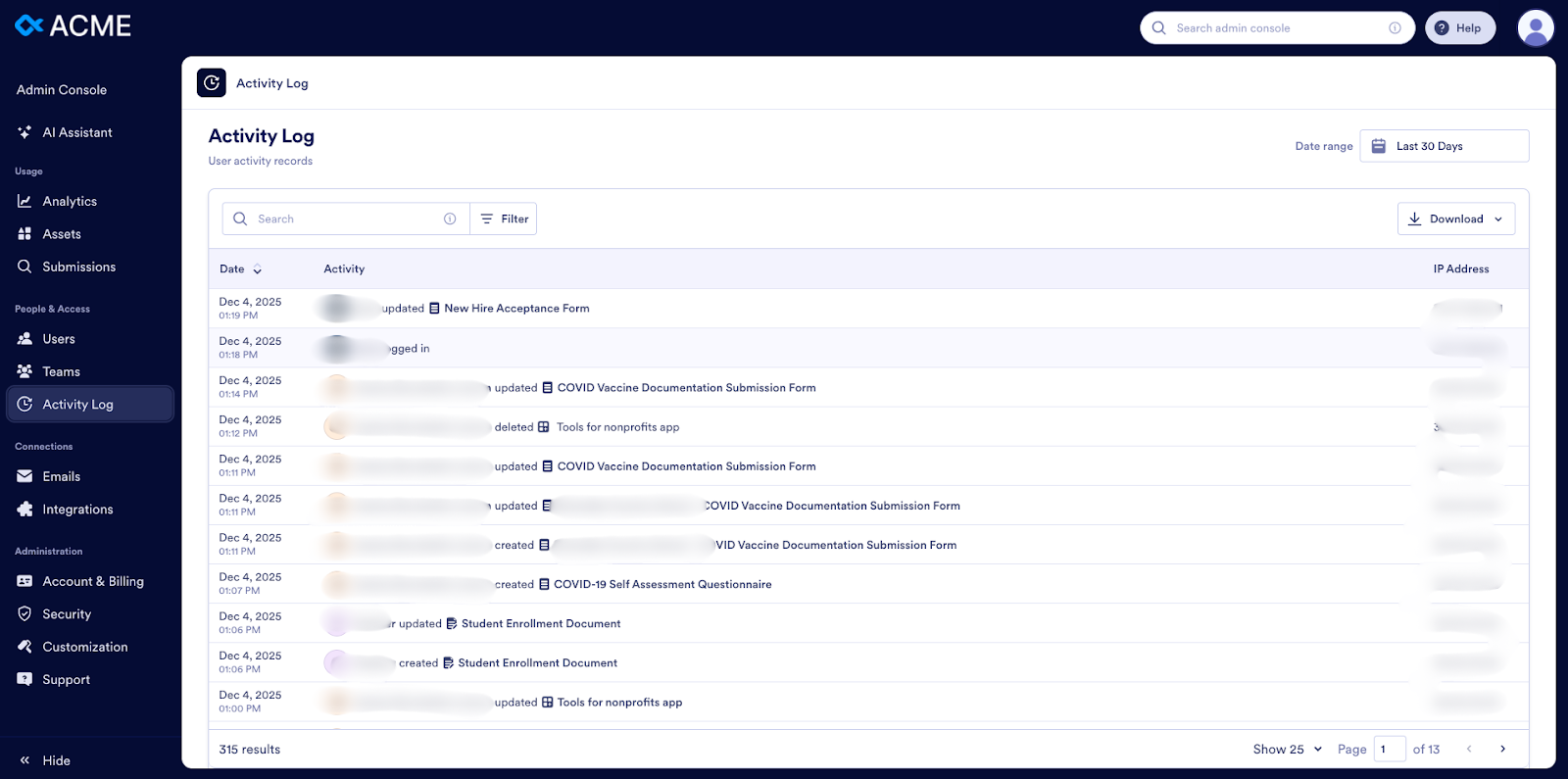 Viewing the Activity Log on the Jotform Enterprise Admin Console