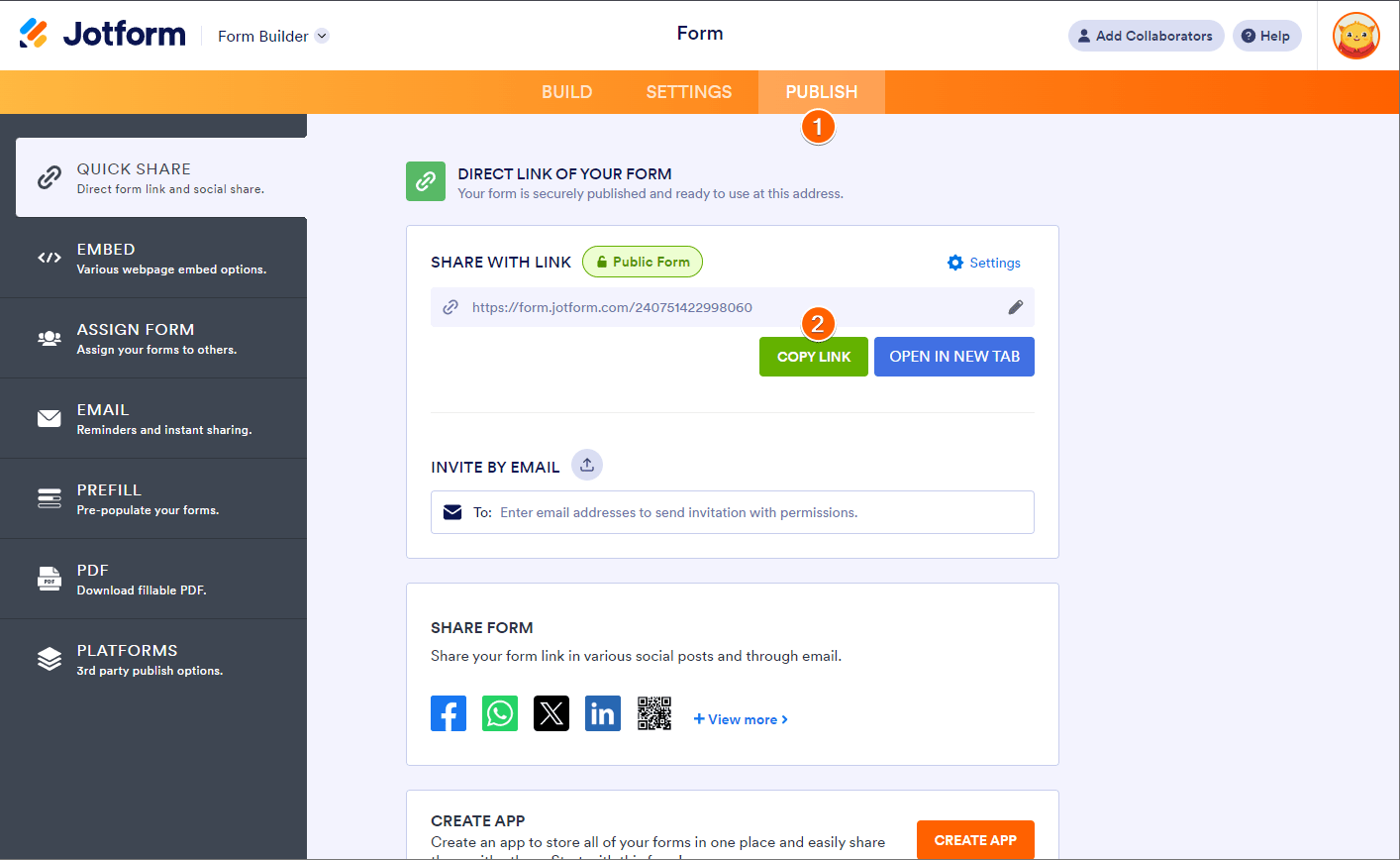 Copy Link button in the Publish tab of the Jotform Form Builder Screenshot 10