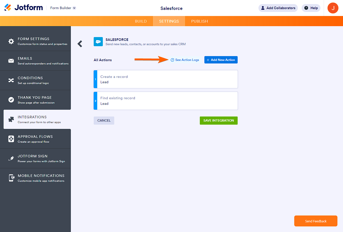 See Action Logs button in Salesforce integration settings Screenshot 42