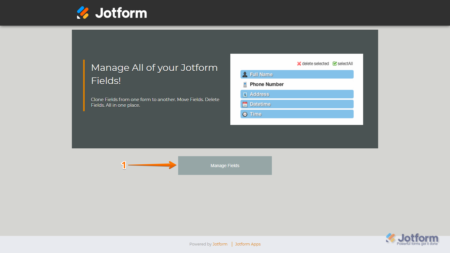 Field Manager App home page showing Manage Fields button in the center of the page in Jotform