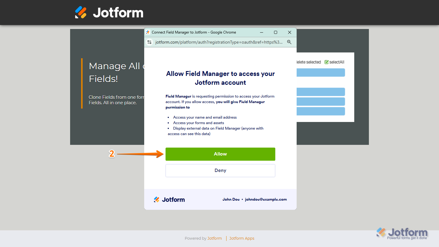 Field Manager App authorization window showing Allow button to grant access to your Jotform account