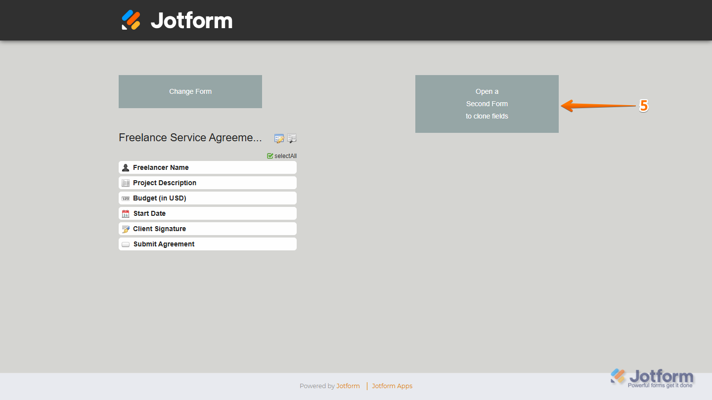 Field Manager App showing Open a Second Form to Clone Fields option on the right side in Jotform