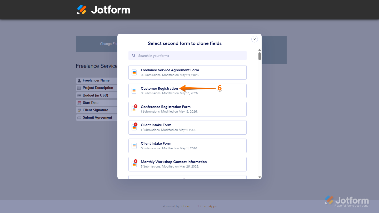 Second Form to Clone Fields window showing destination form selection in the Field Manager App for Jotform