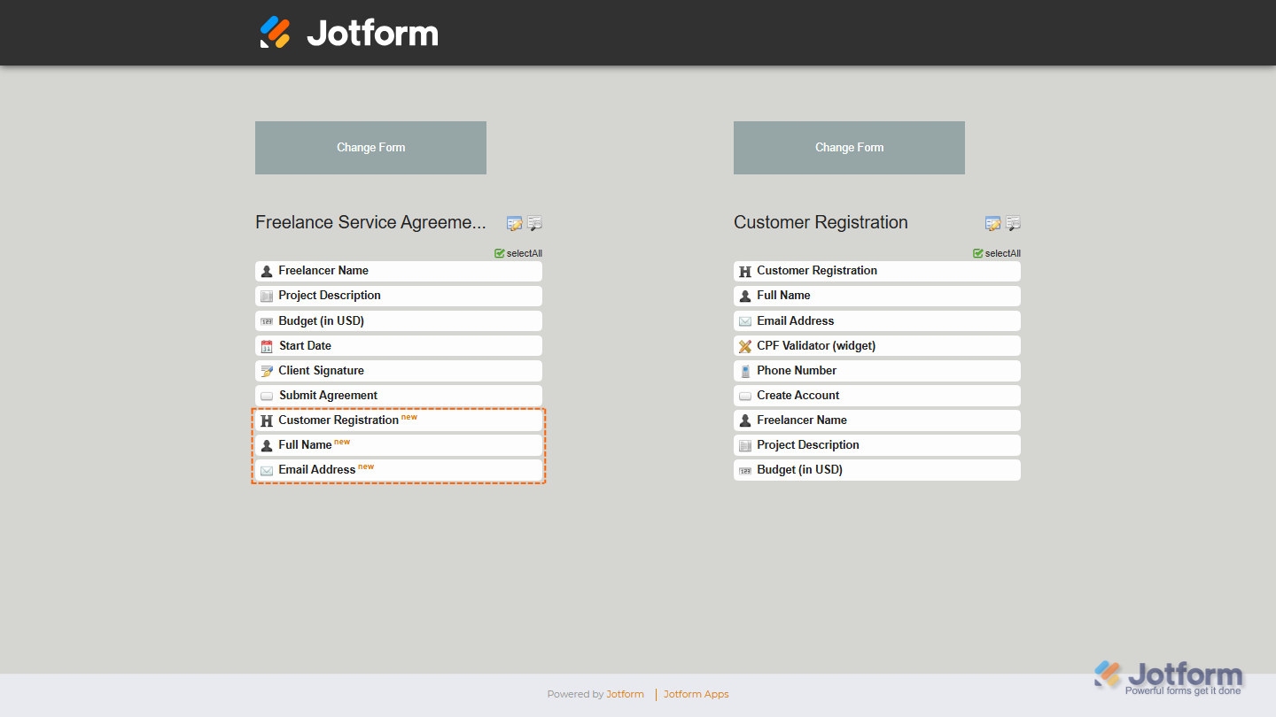 Field Manager App showing newly cloned fields marked with a New label in the destination form in Jotform