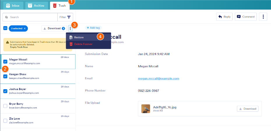 Wie Sie gelöschte Formularantworten im Jotform Posteingang wiederherstellen Image-1
