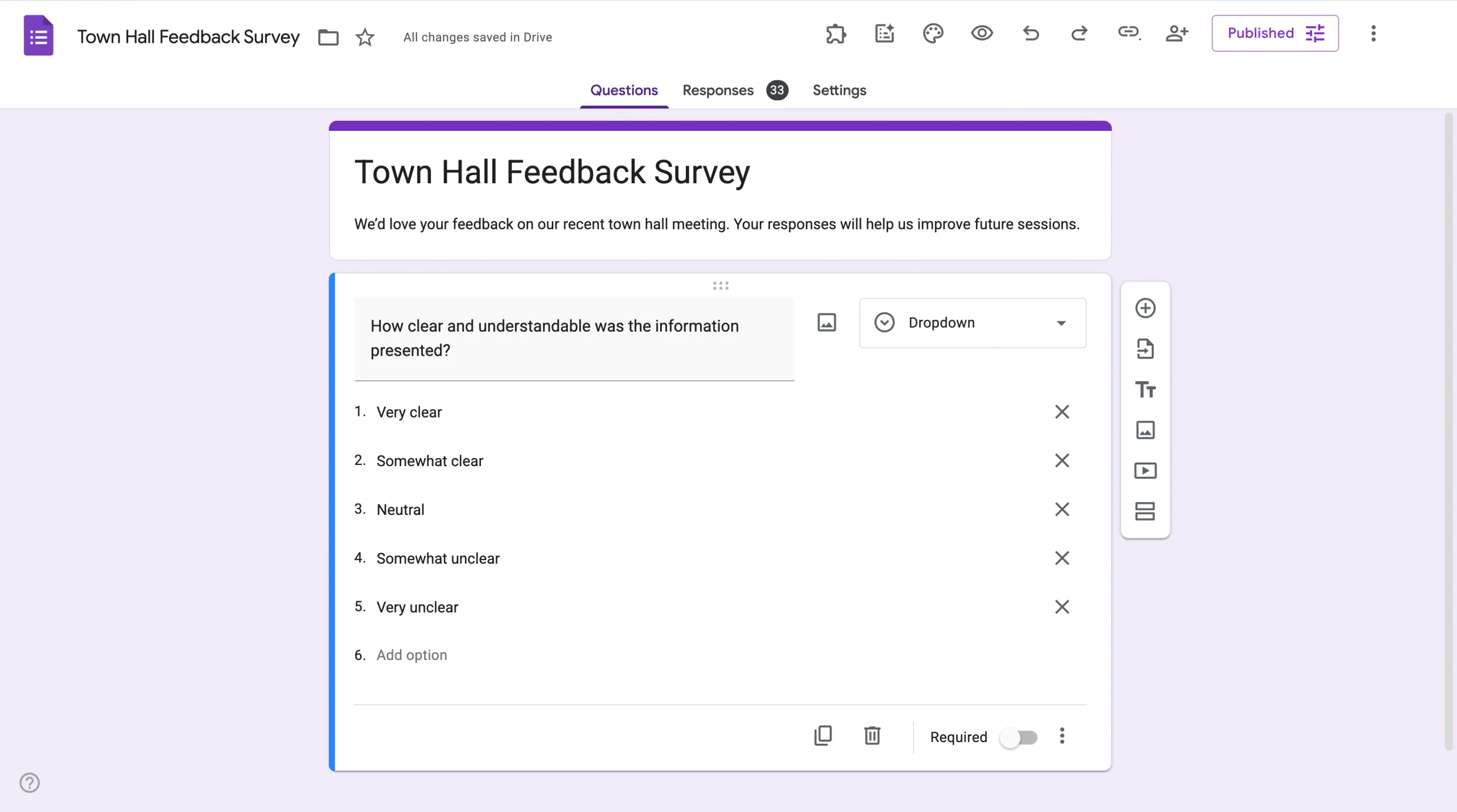Google Form titled “Town Hall Feedback Survey” open in edit mode, showing a multiple-choice question about how clear and understandable the information was