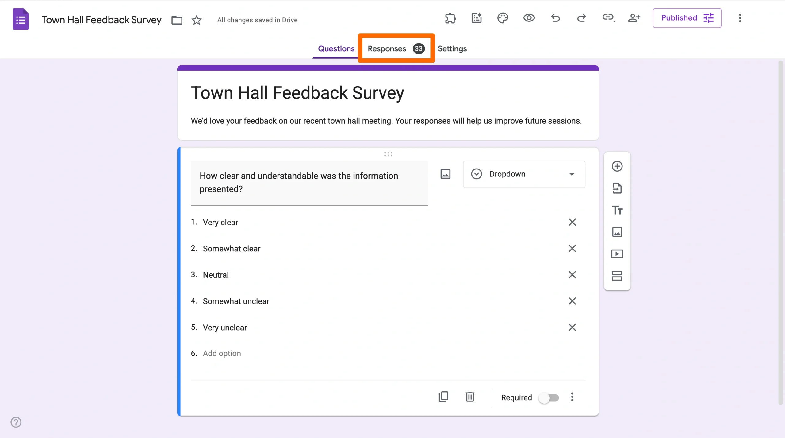 Google Forms interface with the “Responses” tab highlighted, indicating where to view collected answers