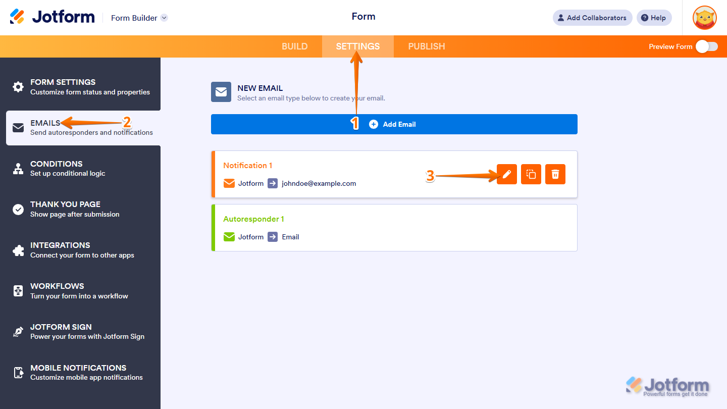 Form Builder Settings menu showing Emails option and email template edit icon for file upload attachments in Jotform
