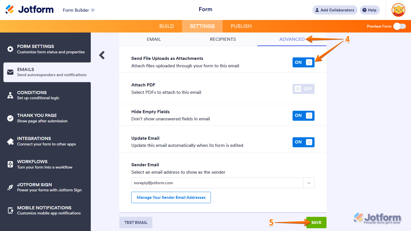 Advanced email settings showing Send File Upload as Attachments toggle and Save button in Jotform