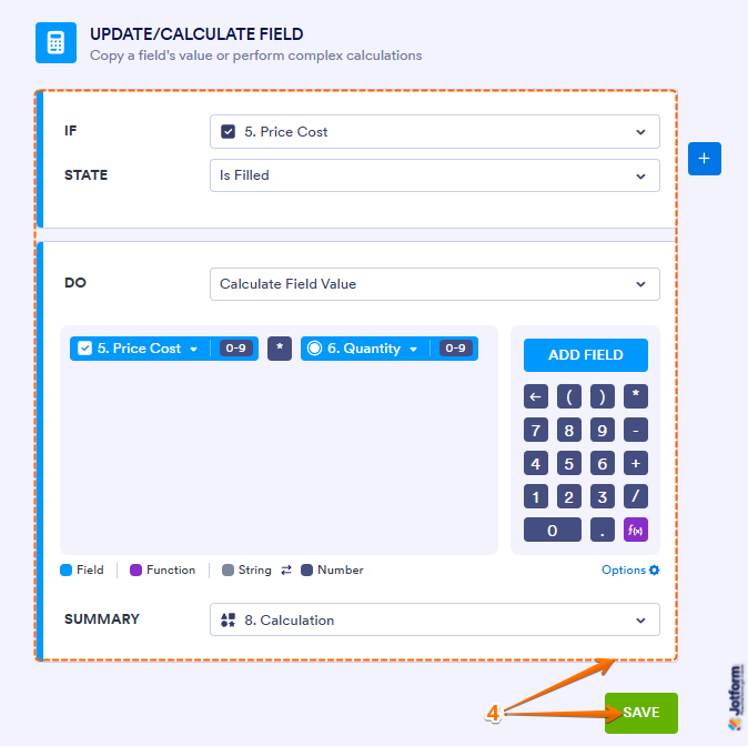 Conditional Logic settings showing Update Calculate Field rules and Save button in Jotform