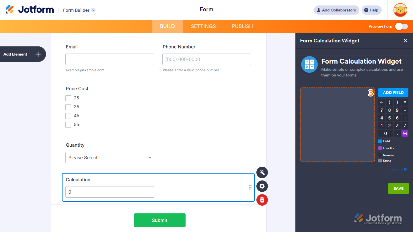 Form Calculation widget settings showing formula editor with selectable elements in Jotform