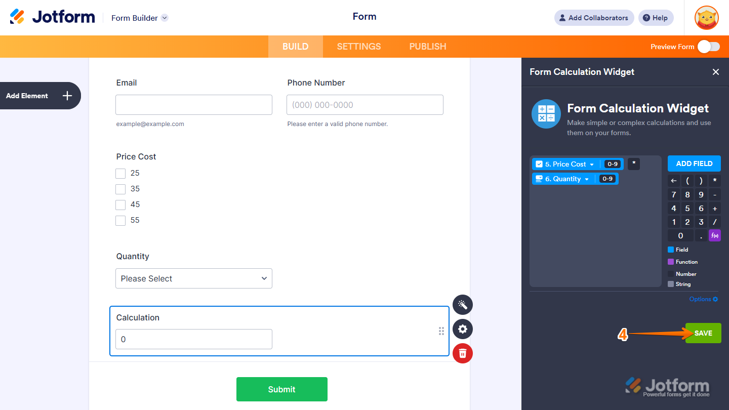 Form Calculation widget settings showing Save button after formula setup in Jotform