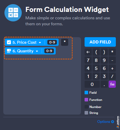 Form Calculation widget formula editor showing Price Cost multiplied by Quantity in Jotform