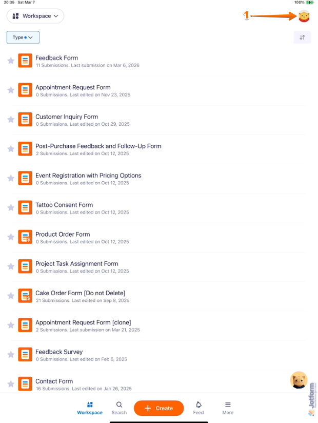 Jotform Mobile App interface showing Profile Picture avatar icon in the top right corner for syncing submissions