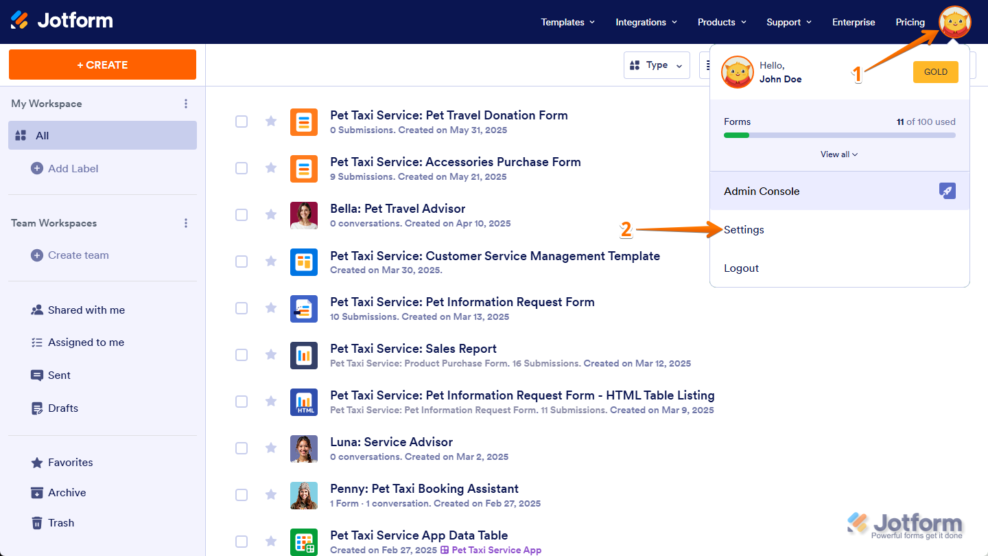 Settings option in the Avatar/Profile Picture menu on Jotform Workspace page
