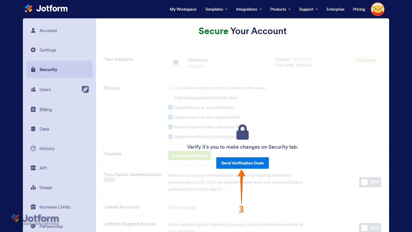 Send Verification Code button of the Security tab in Jotform Account Settings page