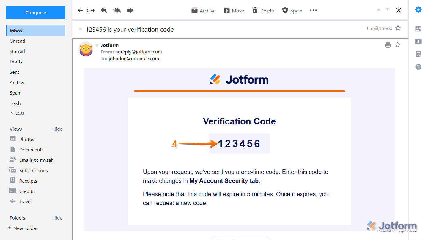 Security Code for Security tab email notification from Jotform
