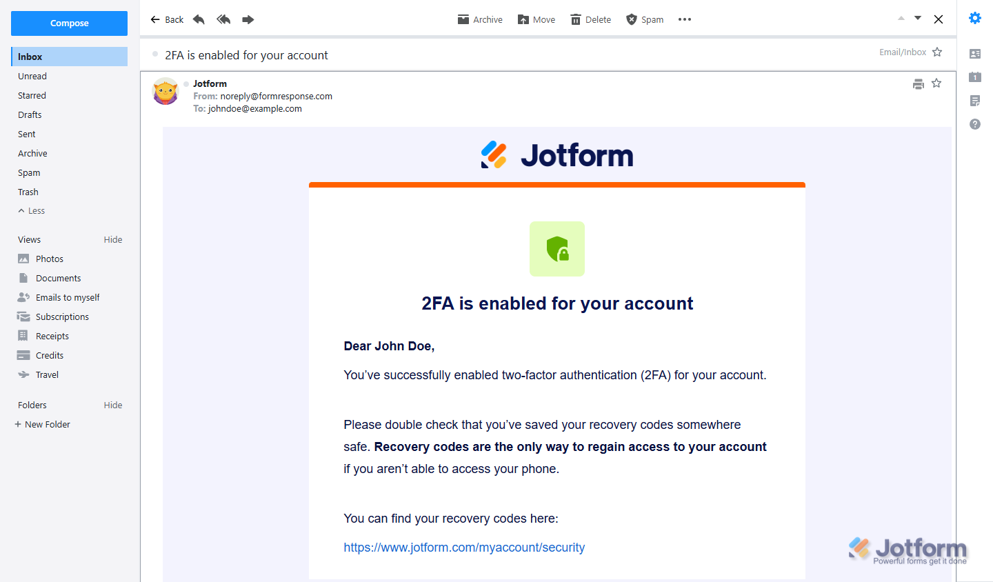 2FA is enabled email notification from Jotform