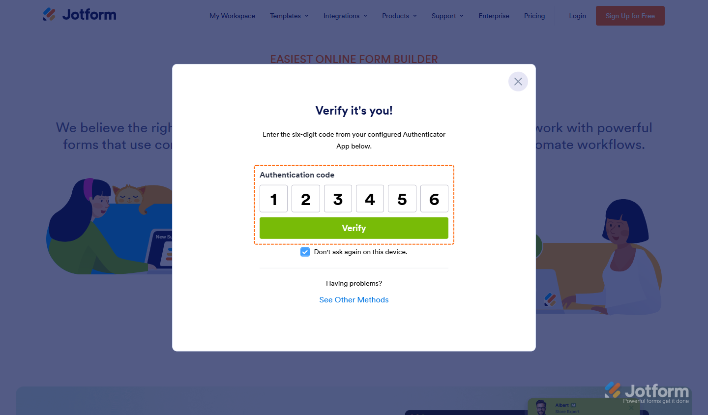Authentication code and verify button on the Jotform Login page