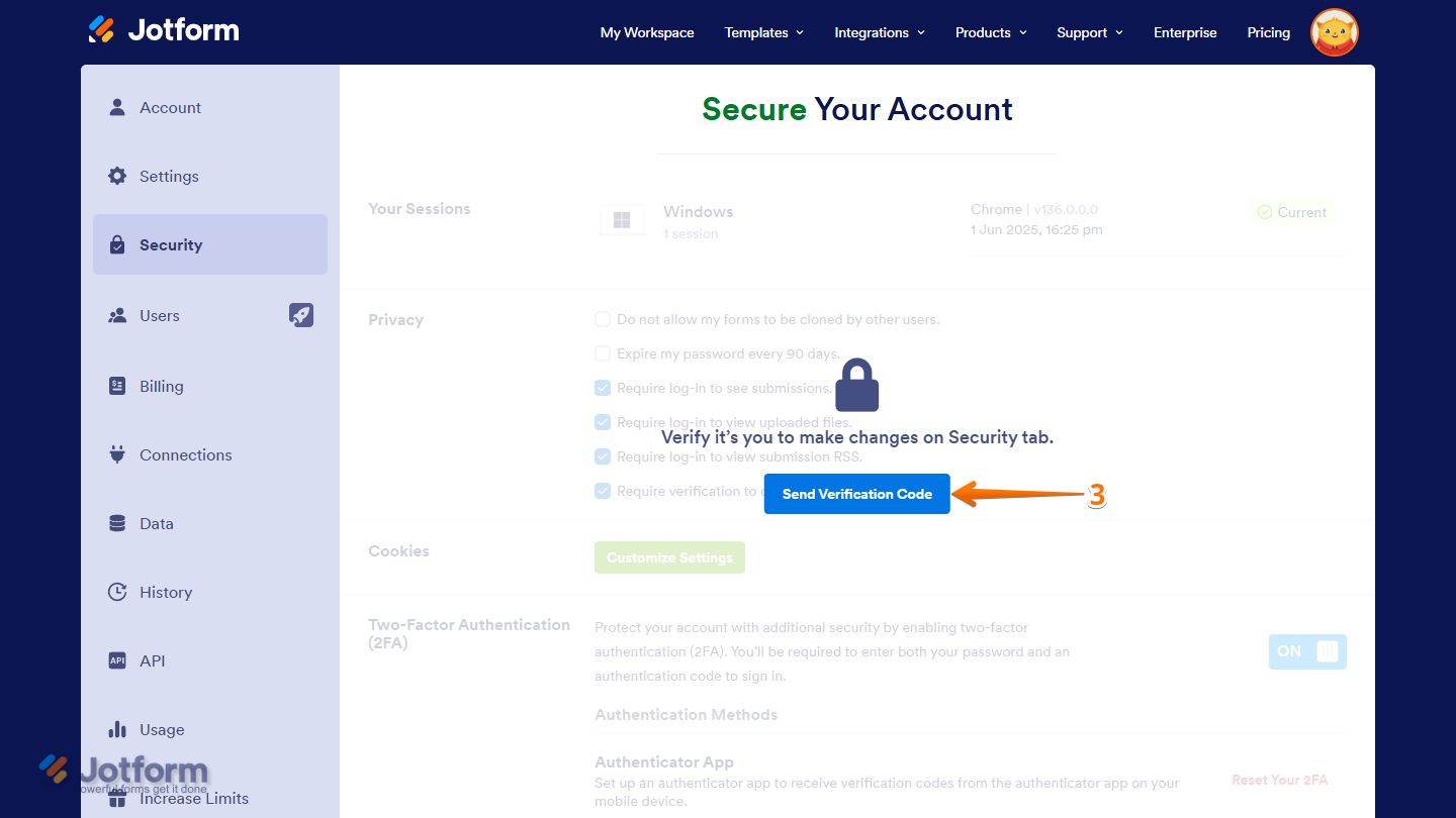 Send Verification Code button in the Verification prompt of the Security tab on the Account Settings page