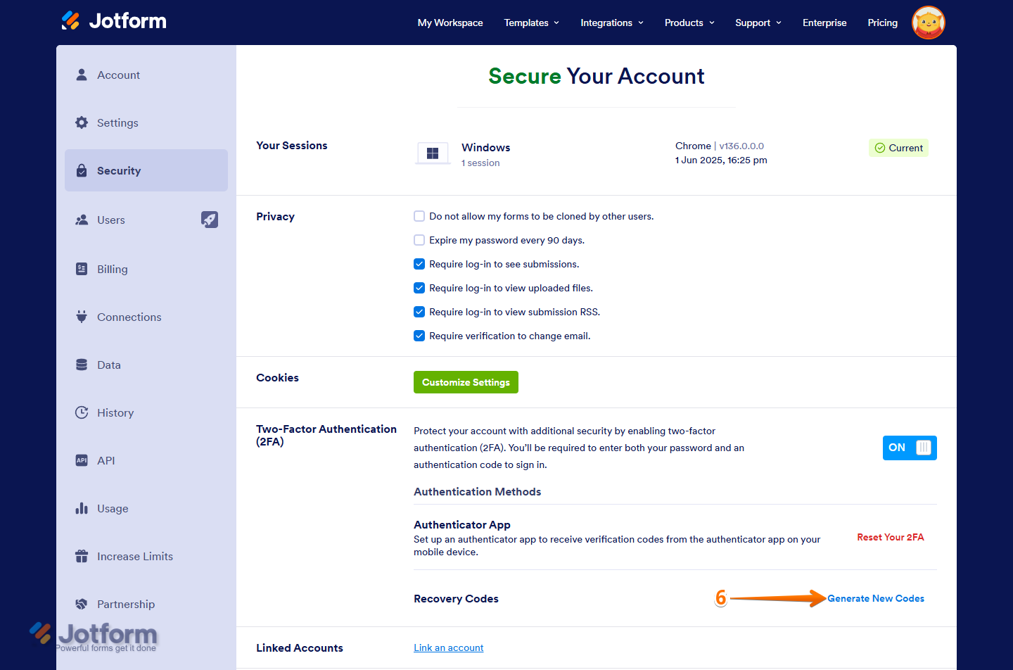 Generate New Codes button of the Recovery Code setting in the Two-Factor Authentication (2FA) section of the Security tab on the Account Settings page