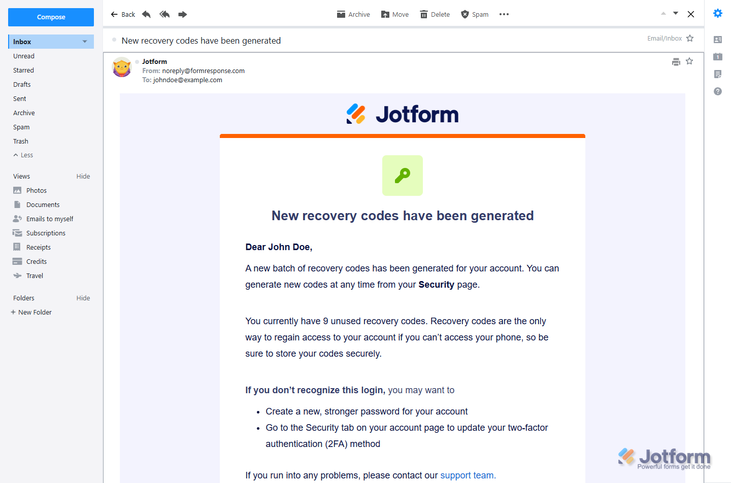 New recovery codes generated notification sent to the account email address