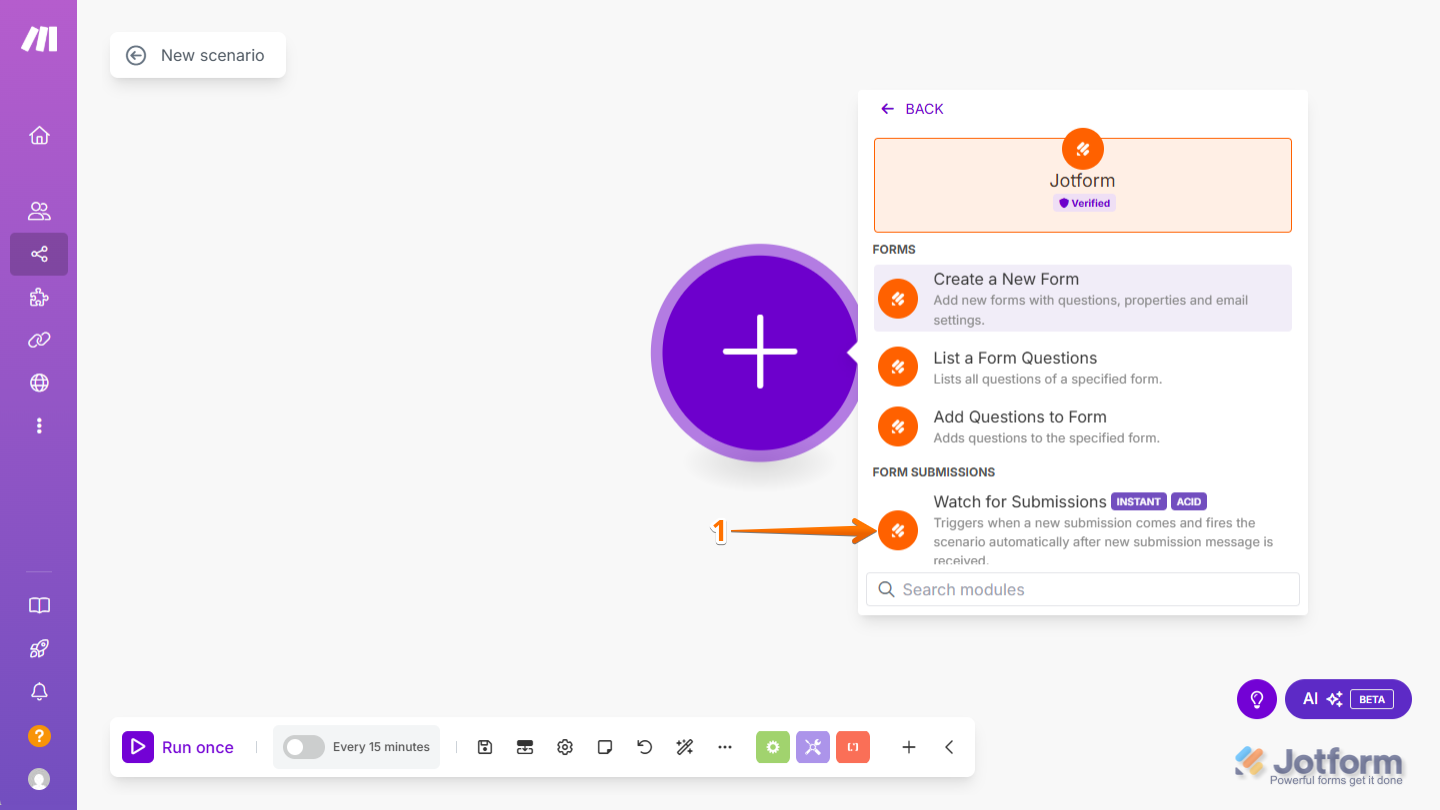 Selecciona el activador de Jotform 