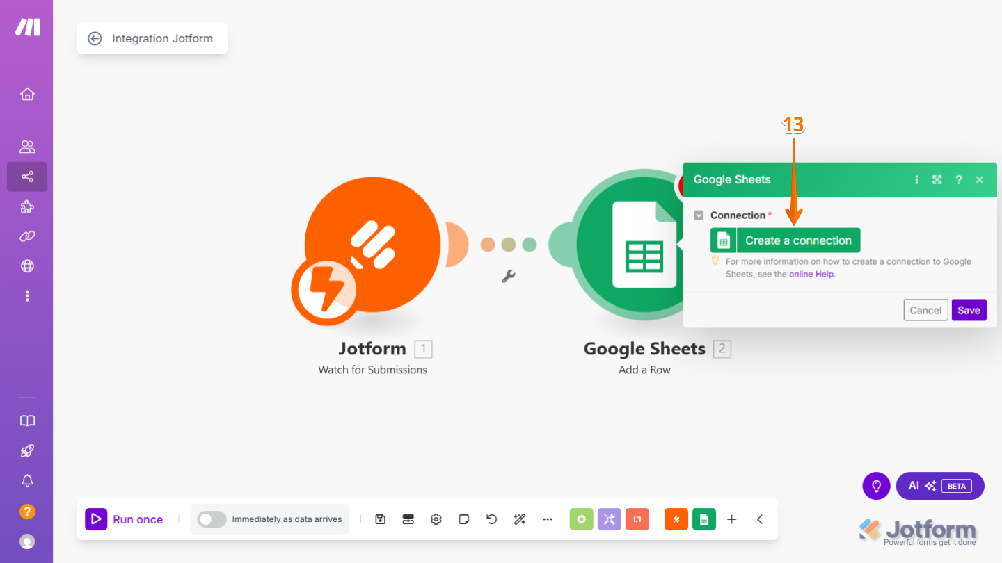 Haz clic en Crear una Conexión para vincular tu escenario de Jotform con la aplicación seleccionada