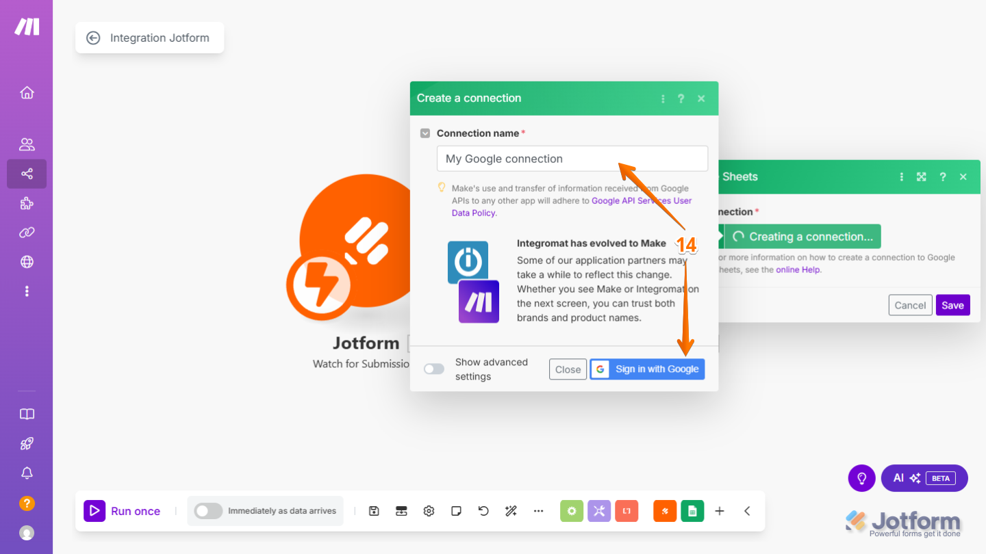 Haz clic en Crear una Conexión para vincular tu escenario de Jotform con la aplicación seleccionada