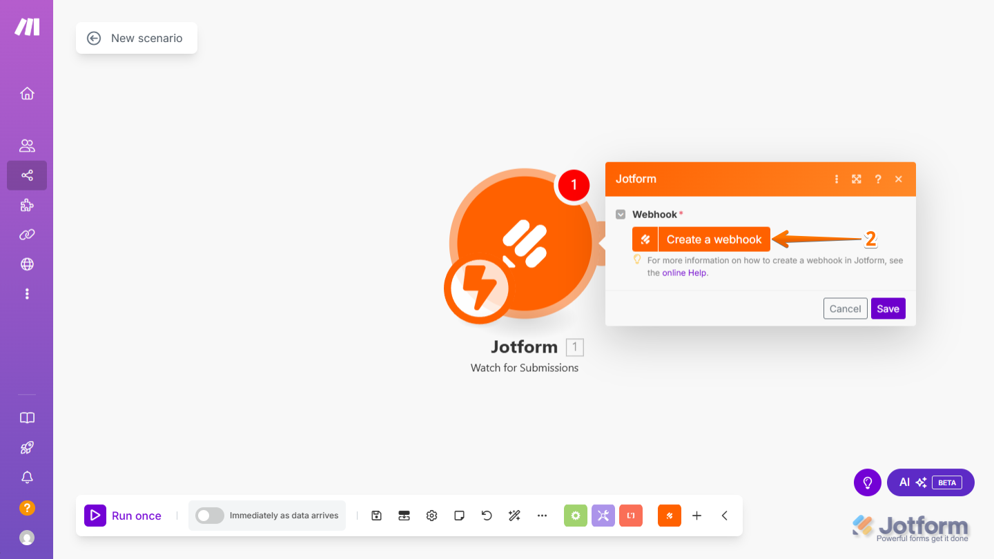 Opción Crear un Webhook para configurar el Activador en Make con Jotform