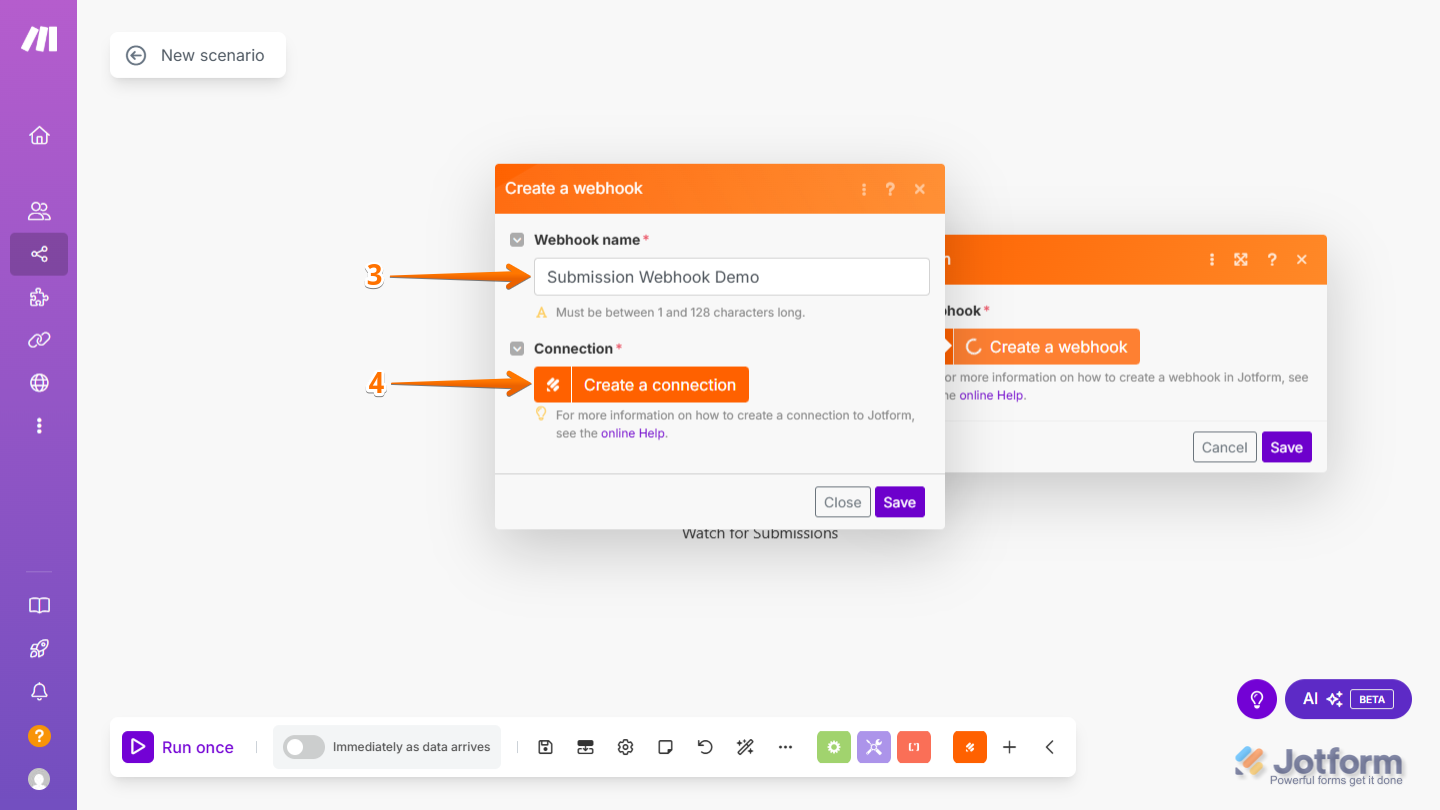 Configurar el Nombre del Webhook y hacer clic en Crear una Conexión en Make