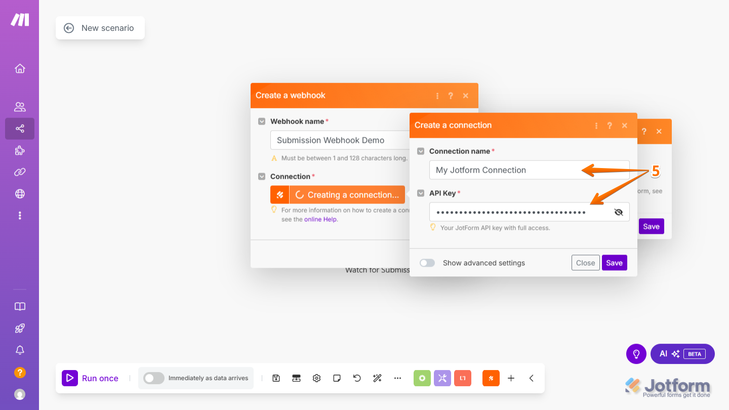 Configurar el Nombre de Conexión, Clave API en Make
