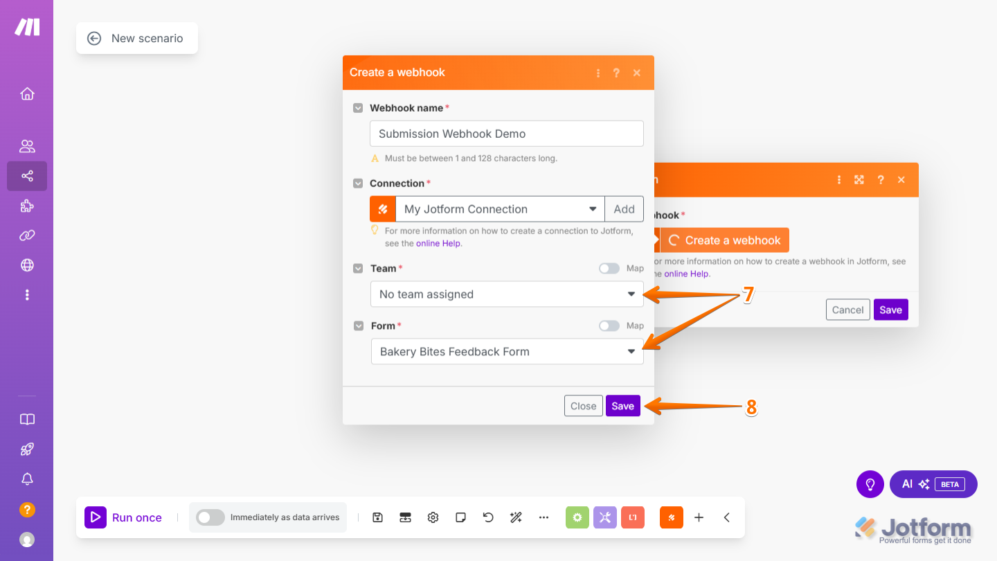Configurar las opciones, Equipo y Formulario y el botón Guardar en Make